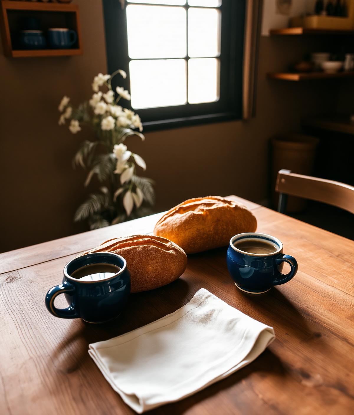 Mesa posta com pão e café